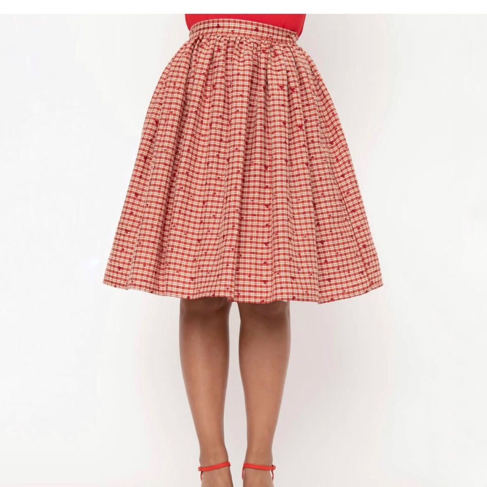 Unique Vintage Red Plaid & Hearts Gellar Swing Skirt
